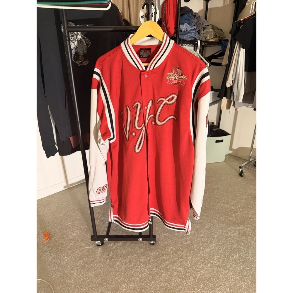Vintage Y2K FUBU‎ City Series Collection Snap Button Varsity Jacket Red White L